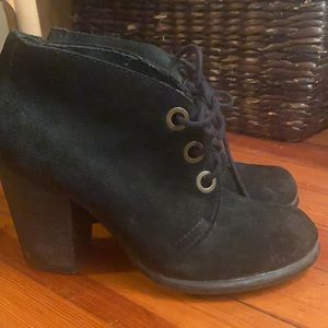 MIA Suede Booties with Wooden Stacked Block Heel